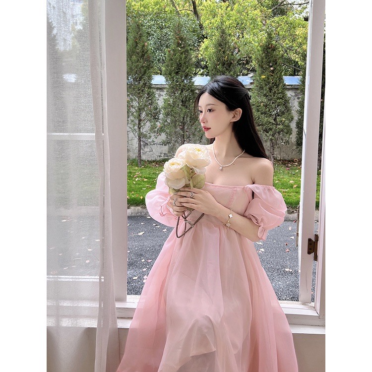 Đầm váy công chúa trễ vai hồng dáng dài xoè bồng bềnh tiểu thư chất tơ Oganza - Ngoc Linh Store