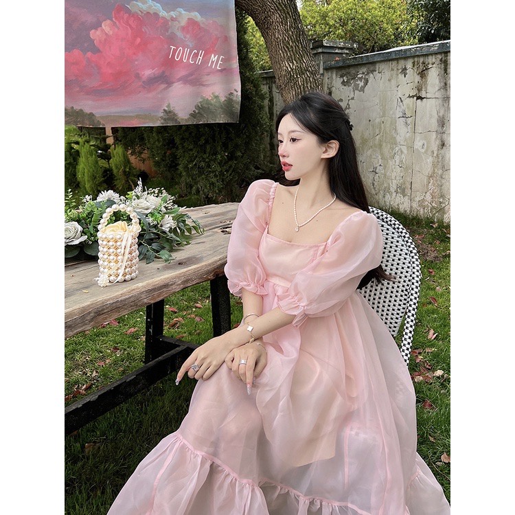 Đầm váy công chúa trễ vai hồng dáng dài xoè bồng bềnh tiểu thư chất tơ Oganza - Ngoc Linh Store