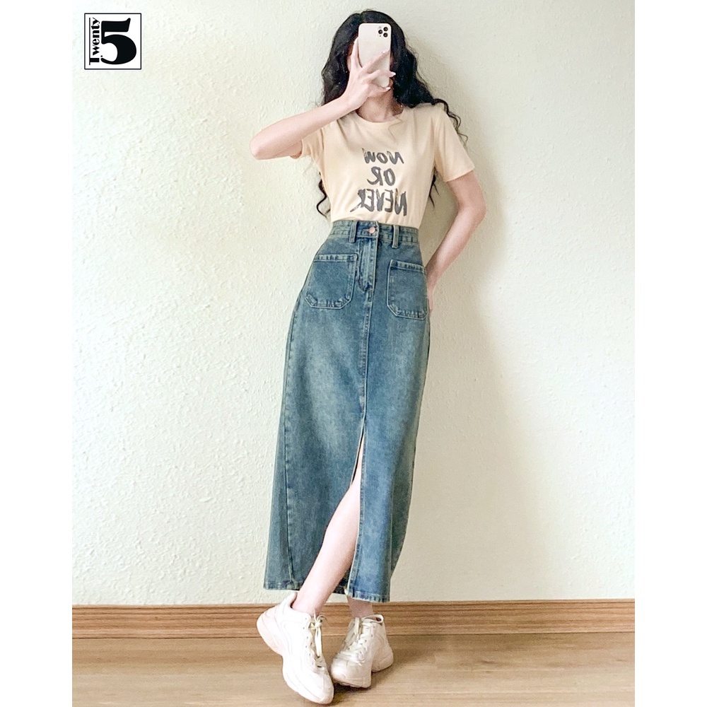 Chân váy jeans nữ Twentyfive dáng A dài xẻ trước túi ốp 2 mặt cạp cao 4618