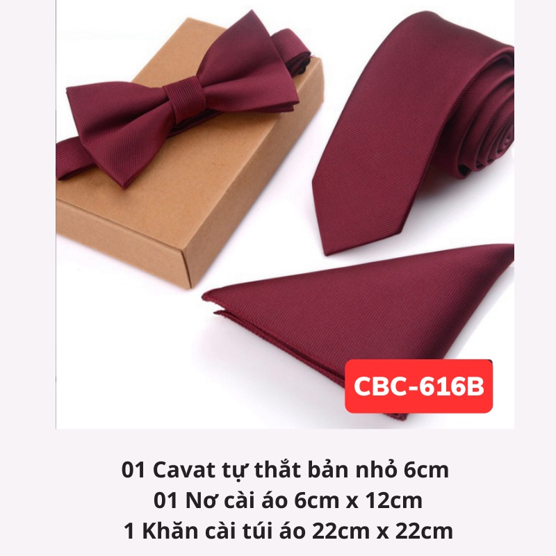 Cà vạt 6cm màu đỏ đậm Nơ cài cổ, Khăn cài túi cùng màu, cavat phong cách Hàn Quốc, Cravat chú rể, dự tiệc CBC-616
