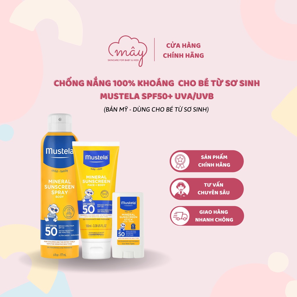 Kem chống nắng 100% khoáng Mustela SPF50 cho bé từ sơ sinh - HÀNG MỸ