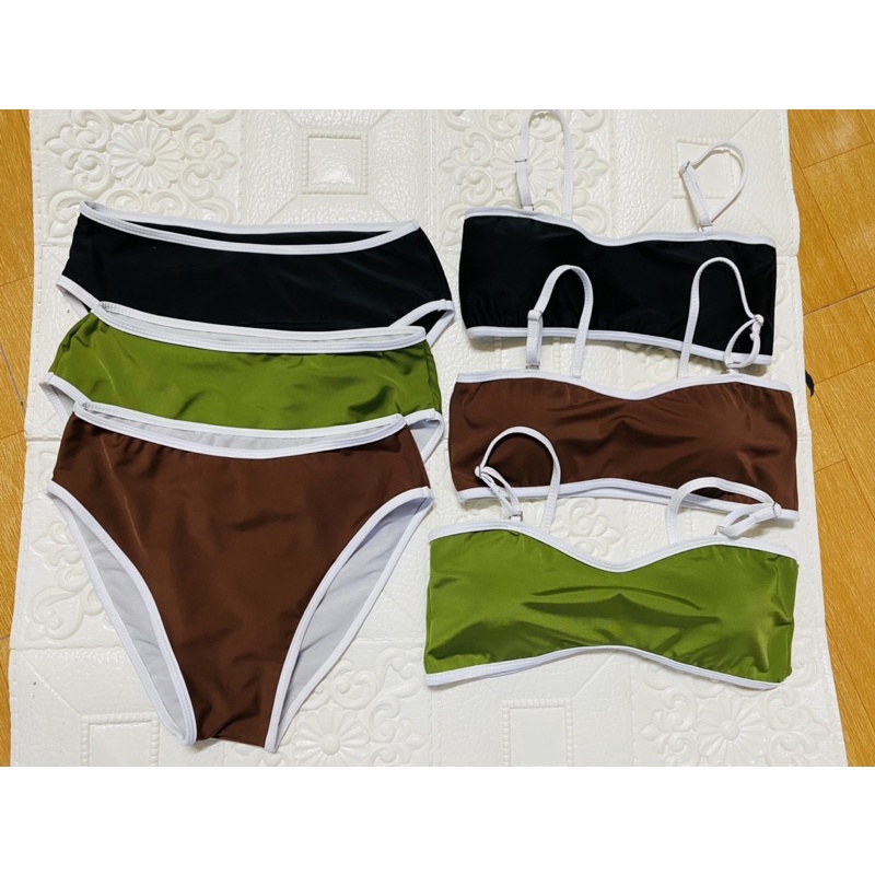 bikini hai mảnh áo tim hai dây tăng đơ kèm quần đai cao viền trắng