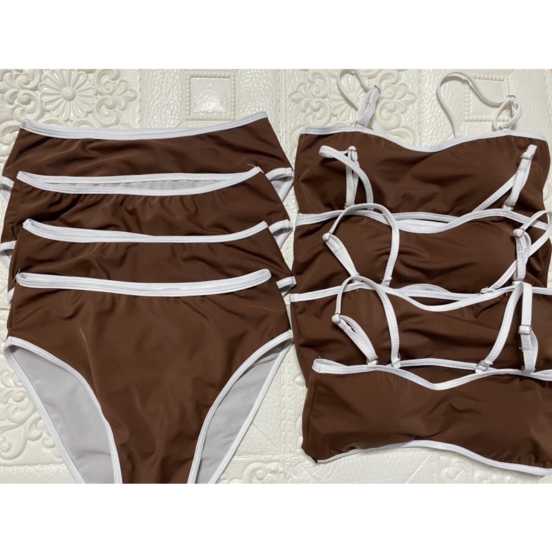Bikini hai mảnh áo tim hai dây tăng đơ kèm quần đai cao viền trắng