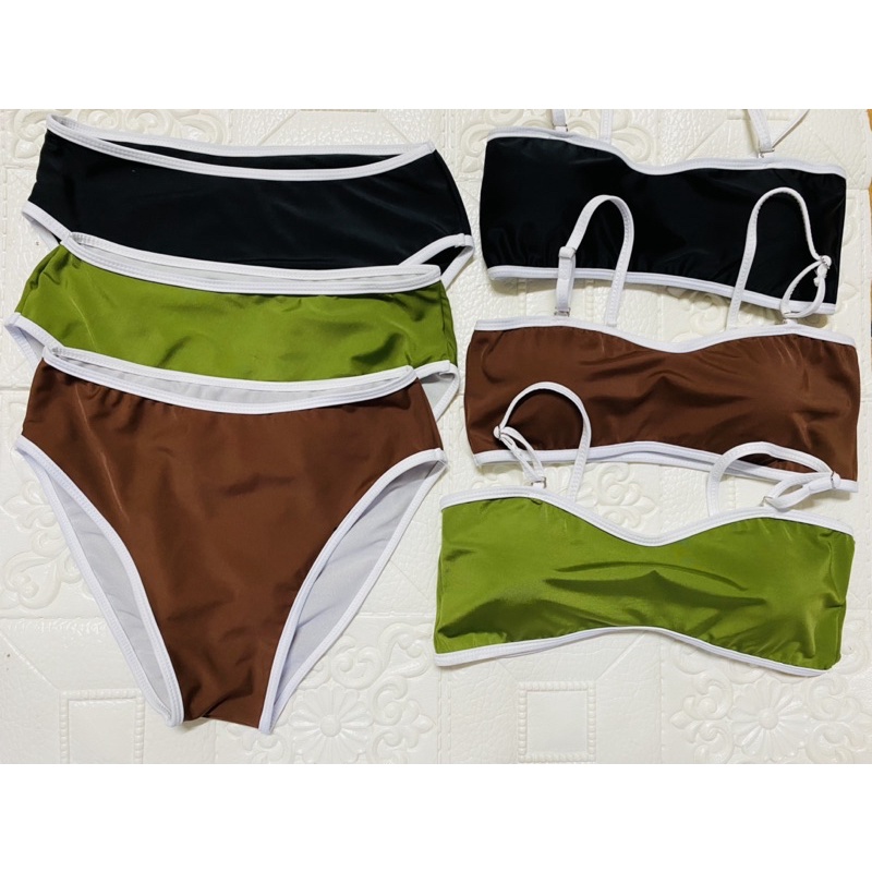 Bikini hai mảnh áo tim hai dây tăng đơ kèm quần đai cao viền trắng