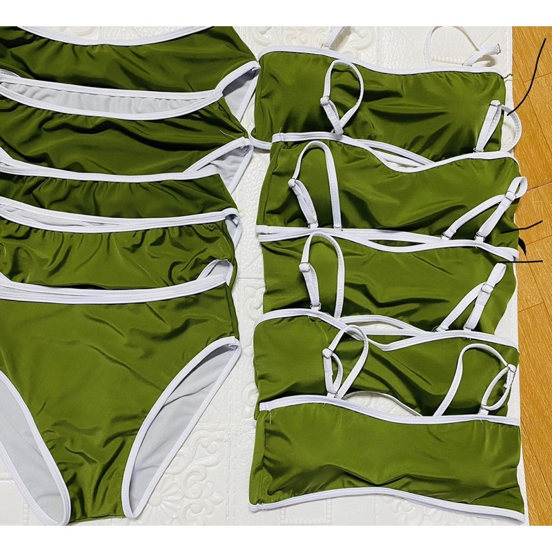 Bikini hai mảnh áo tim hai dây tăng đơ kèm quần đai cao viền trắng