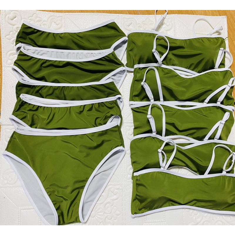Bikini hai mảnh áo tim hai dây tăng đơ kèm quần đai cao viền trắng