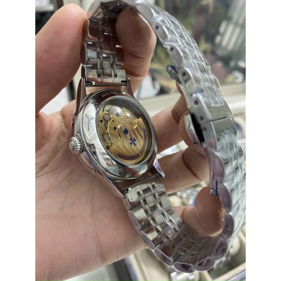Đồng hồ Nam Vacheron trăng sao size 40mm chạy cơ automatic máy nhật vàng dây kim loại kim xanh vỏ trắng