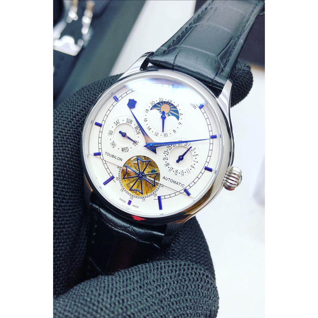 Đồng hồ Nam Vacheron trăng sao size 40mm chạy cơ automatic máy nhật vàng dây da kim xanh vỏ trắng