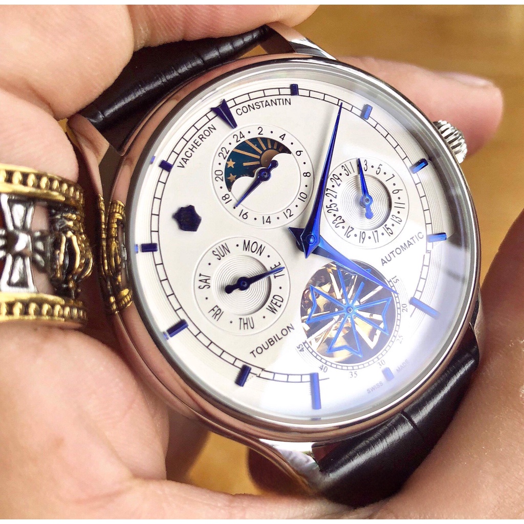 Đồng hồ Nam Vacheron trăng sao size 40mm chạy cơ automatic máy nhật vàng dây da kim xanh vỏ trắng