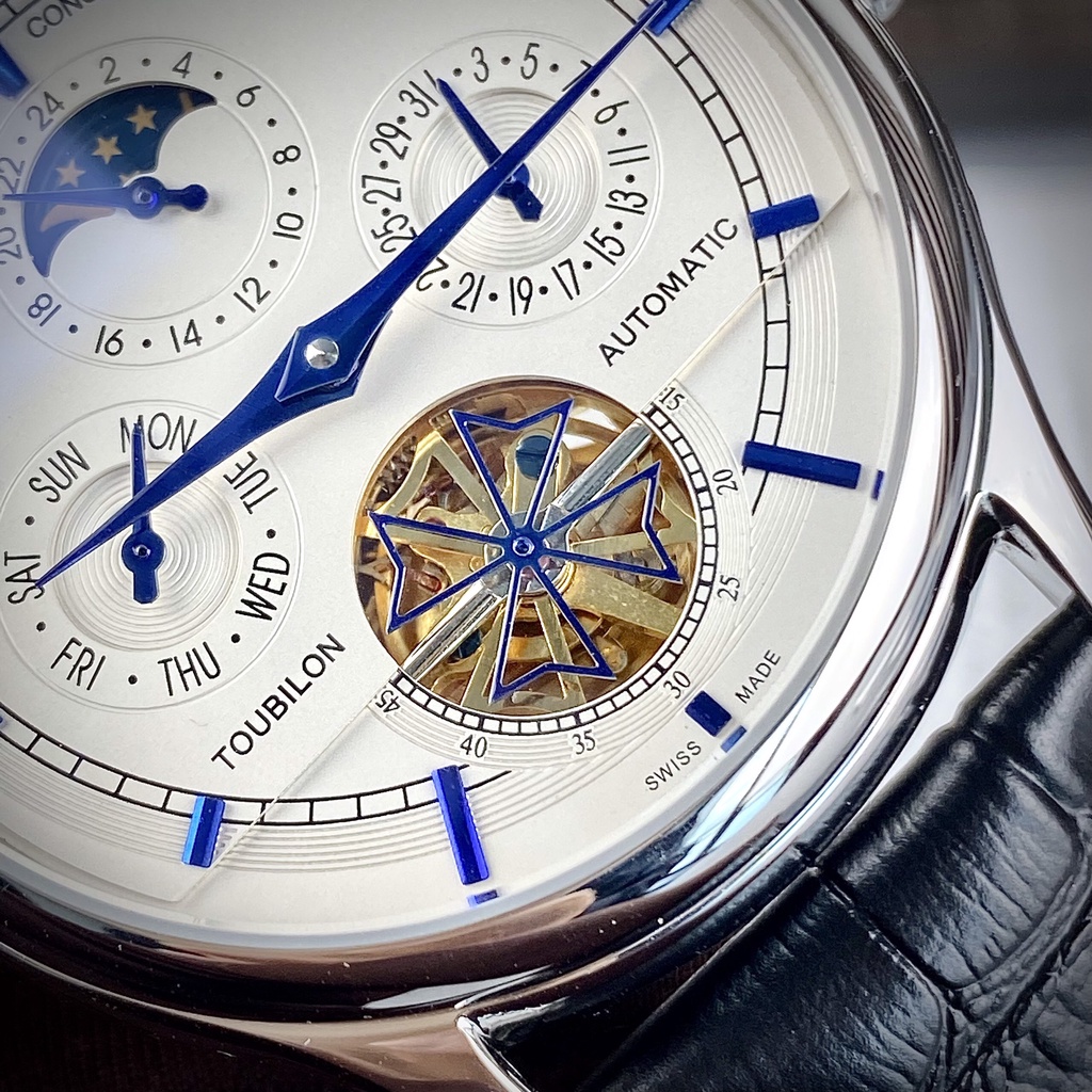 Đồng hồ Nam Vacheron trăng sao size 40mm chạy cơ automatic máy nhật vàng dây da kim xanh vỏ trắng