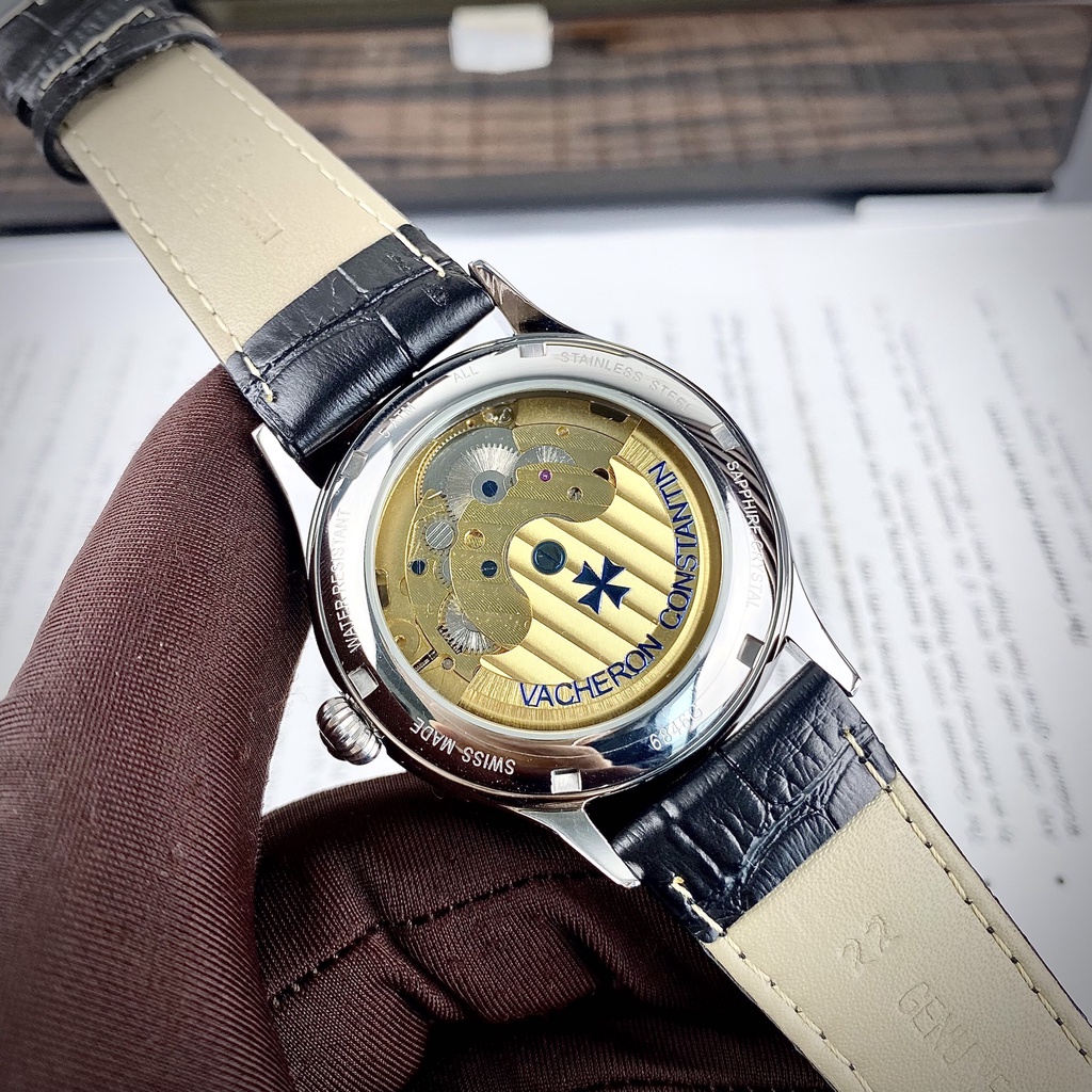 Đồng hồ Nam Vacheron trăng sao size 40mm chạy cơ automatic máy nhật vàng dây da kim xanh vỏ trắng