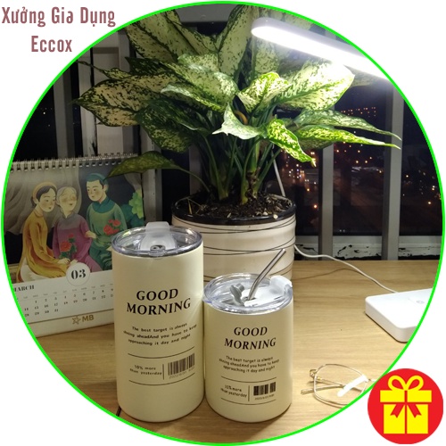 Ly giữ nhiệt good morning, bình giữ nhiệt Inox 2 lớp cao cấp kèm ống hút - Hàng Nội Địa Trung Quốc