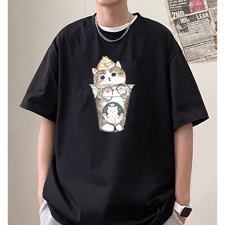 Áo phông unisex nam nữ form rộng tay lỡ in hình mèo chibi dễ thương chất thun mềm mịn co dãn tốt