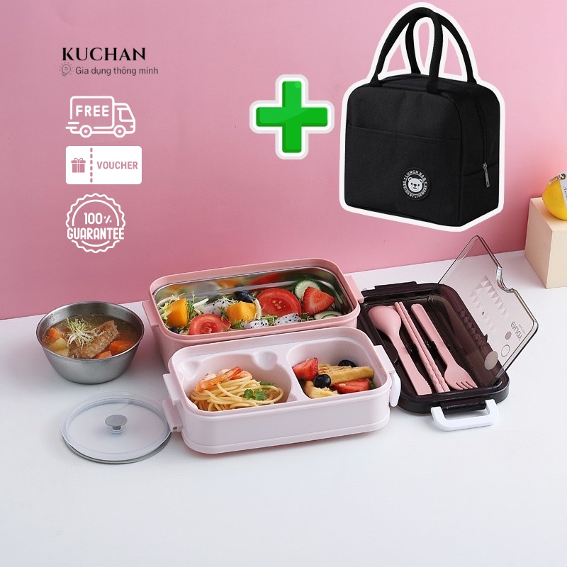 Hộp đựng cơm giữ nhiệt Kuchan Hộp cơm văn phòng TẶNG KÈM túi đựng cơm giữ nhiệt, chén soup đũa thìa dĩa