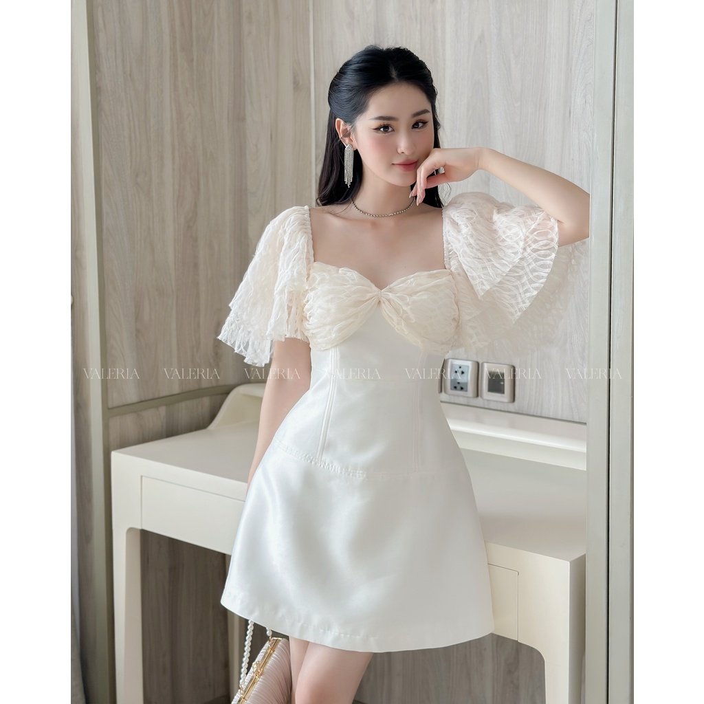 Váy tafta tay lưới ren xòe bồng tiểu thư Hana Dres