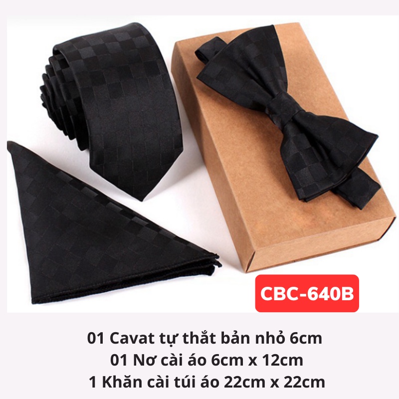 Cà vạt 6cm màu đen, Nơ cài cổ, Khăn cài túi cùng màu, cavat phong cách Hàn Quốc, Cravat chú rể, dự tiệc CBC-640