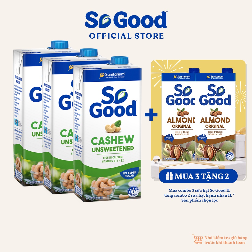 Combo 3 hộp sữa hạt điều không đường SO GOOD 1 Lít bổ sung canxi và vitamin ít béo phù hợp người ăn kiêng