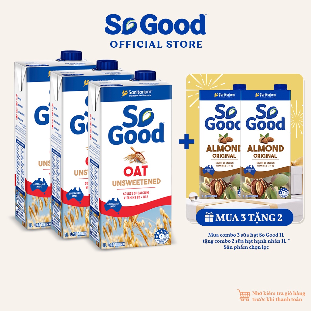 Combo 3 hộp sữa hạt yến mạch không đường SO GOOD 1 Lít bổ sung canxi và vitamin ít béo dành cho người ăn kiêng