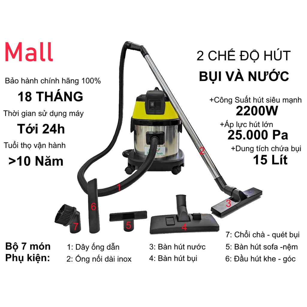 Máy Hút Bụi Công Nghiệp cho Gia Đình-Văn Phòng-Nhà Xưởng - Công Suất Lớn 2200W - DaviClean - Model: DV1-15JP - 1 Lõi Lọc