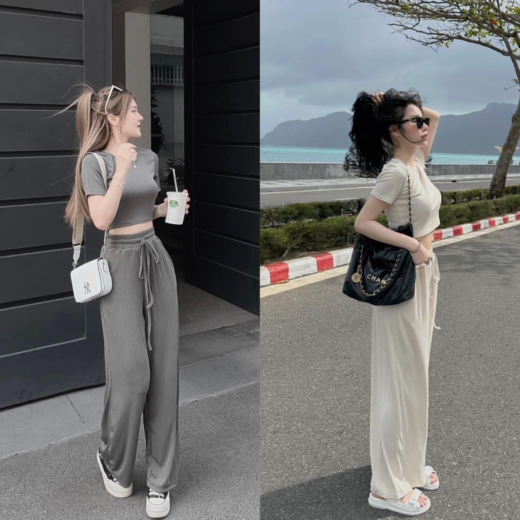 Set đồ bộ nữ áo croptop tay ngắn khoét lưng mix quần dài ống rộng thể thao,năng động dành cho các nàng đi chơi siêu xinh