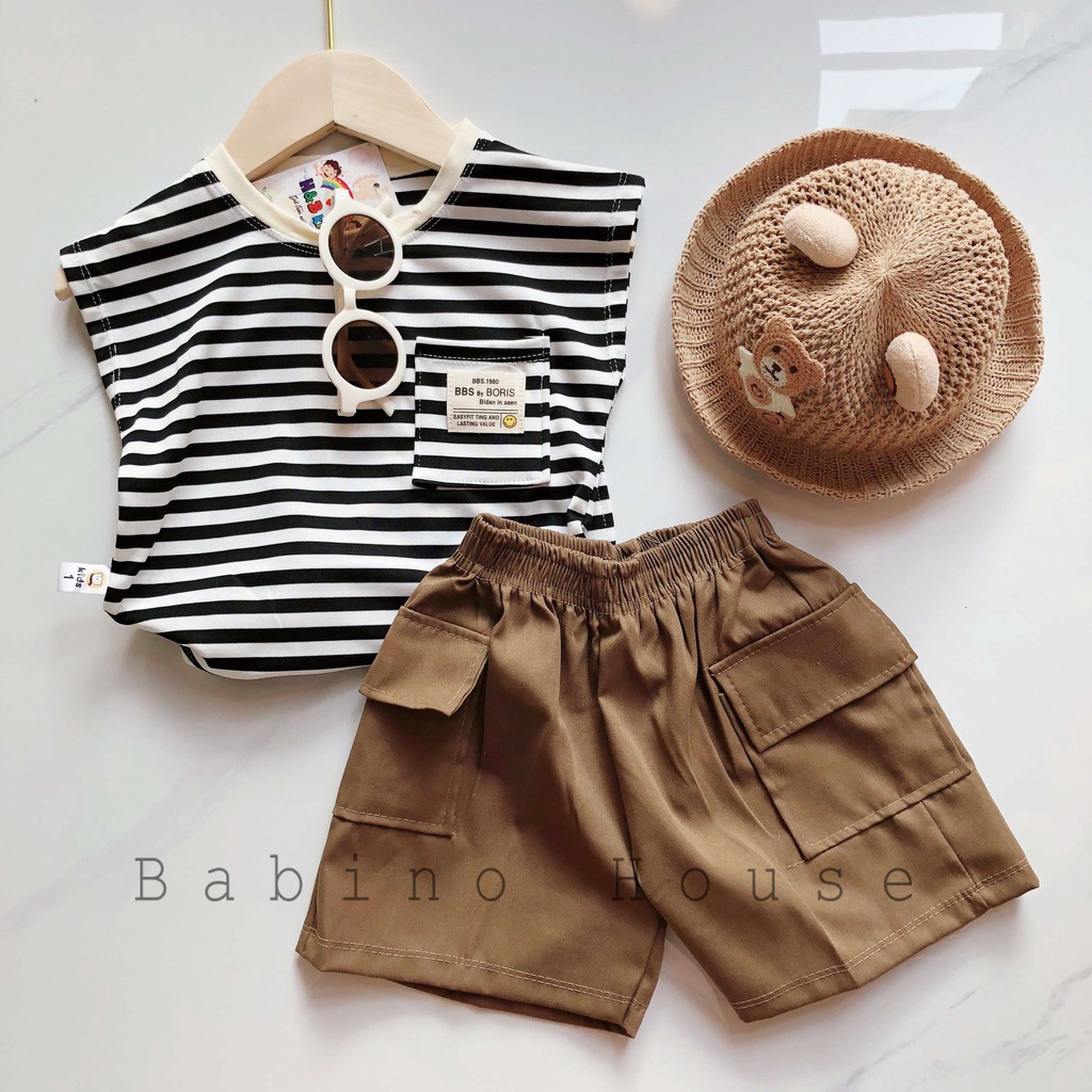 Sét Ba Lỗ Cotton Kẽ Sọc Và Quần Ngố KaKi Siêu Ngầu Cho Bé Trai 6-20kg Đi Học, Đi Chơi... (DB07)