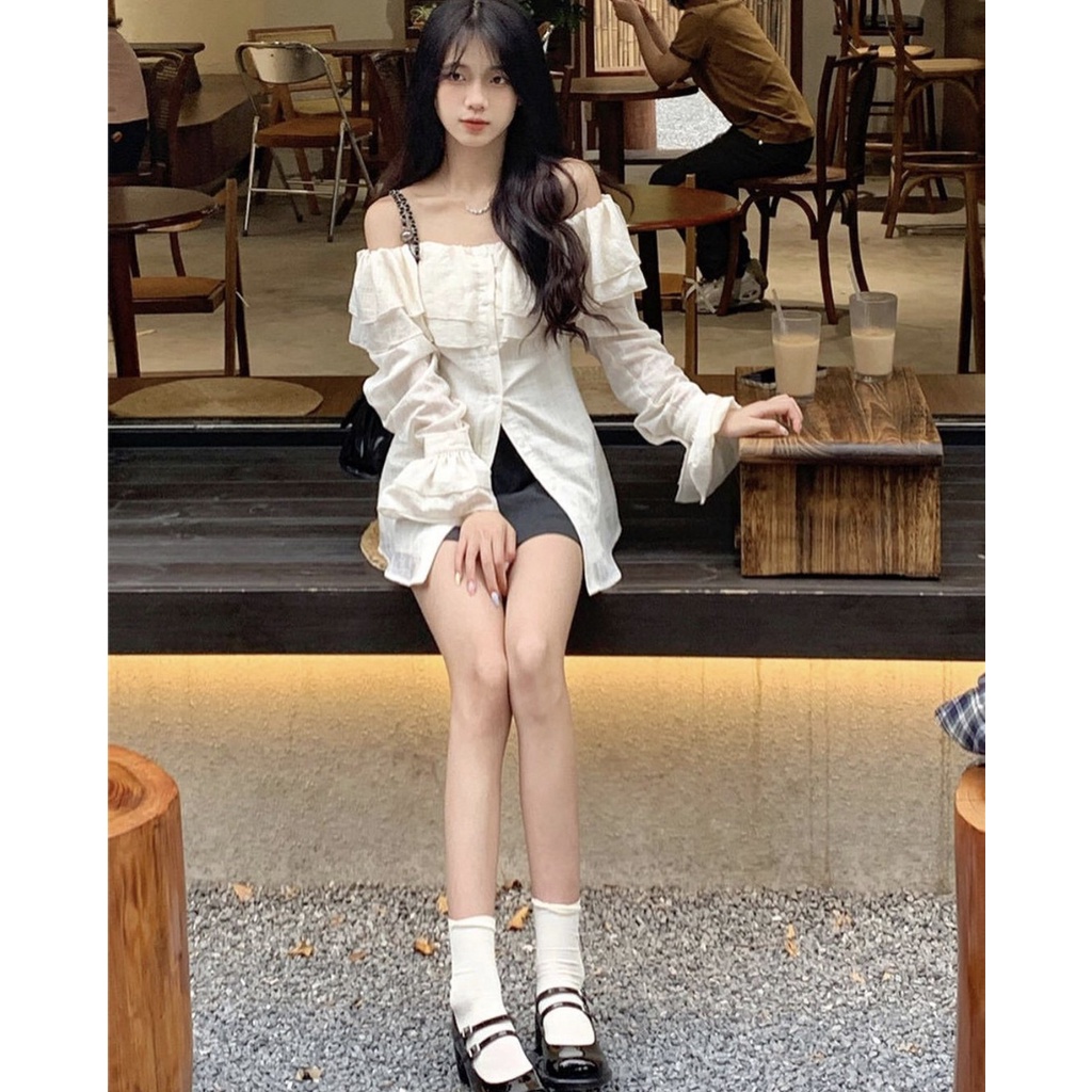 -   Quà tặng sinh nhật, bạn gáiÁo sơ mi trễ vai loại 1 tay dài loe