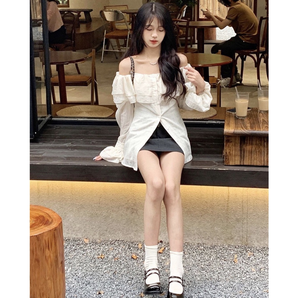 -   Quà tặng sinh nhật, bạn gáiÁo sơ mi trễ vai loại 1 tay dài loe