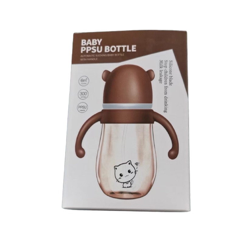 Bình sữa 240ml hình mèo PPSU cổ rộng chống sặc có kèm tay cầm và van chống sặc