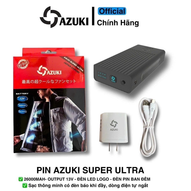 Bộ phụ kiện áo điều hòa Azuki Chính Hãng Pin trâu 26.000mah chạy 8-20 tiếng--Quạt đỏ 13V không chổi than