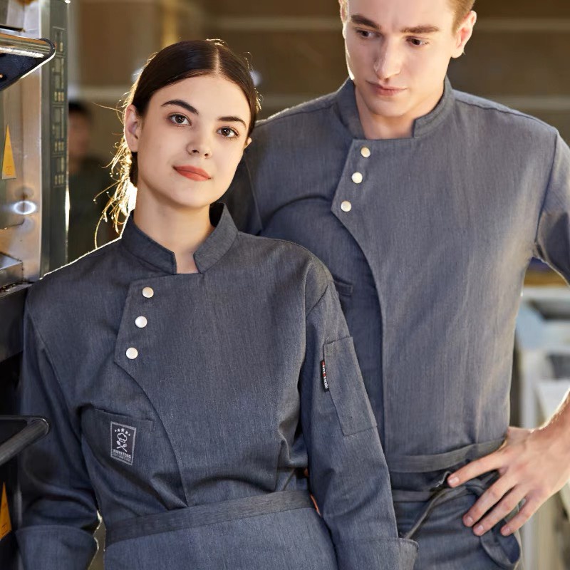Áo bếp đồng phục nam nữ màu xám dài tay