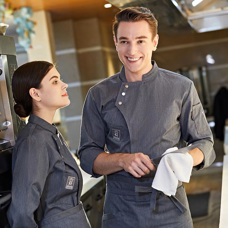 Áo bếp đồng phục nam nữ màu xám dài tay