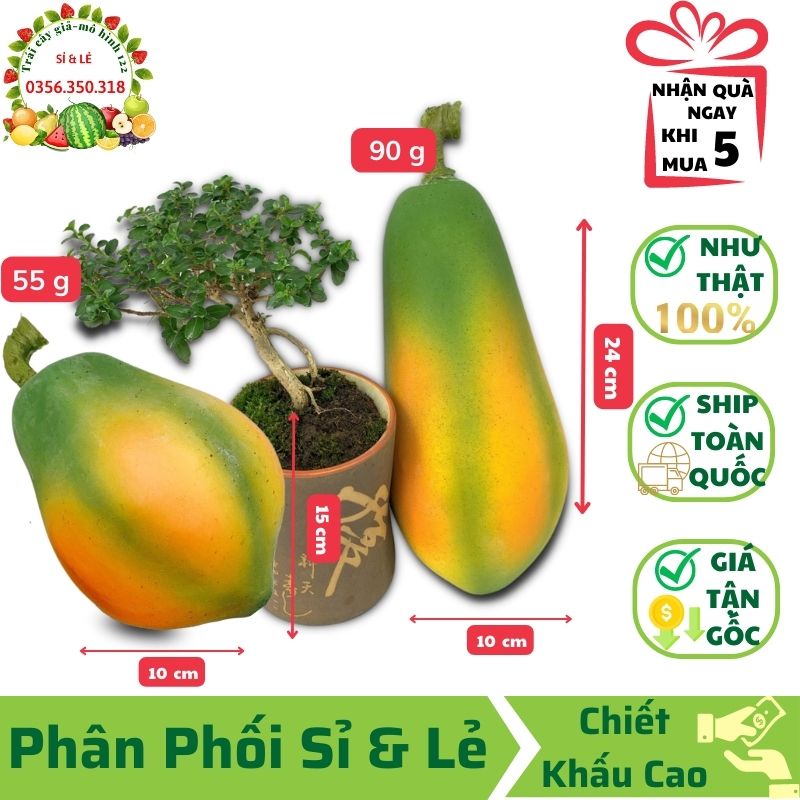 Trái Đu Đủ Giả (10x24 cm) mô hình Việt Nam công nghệ Thái Lan GIỐNG THẬT 99%-Trang trí nhà, hàng quán, decor chụp hình