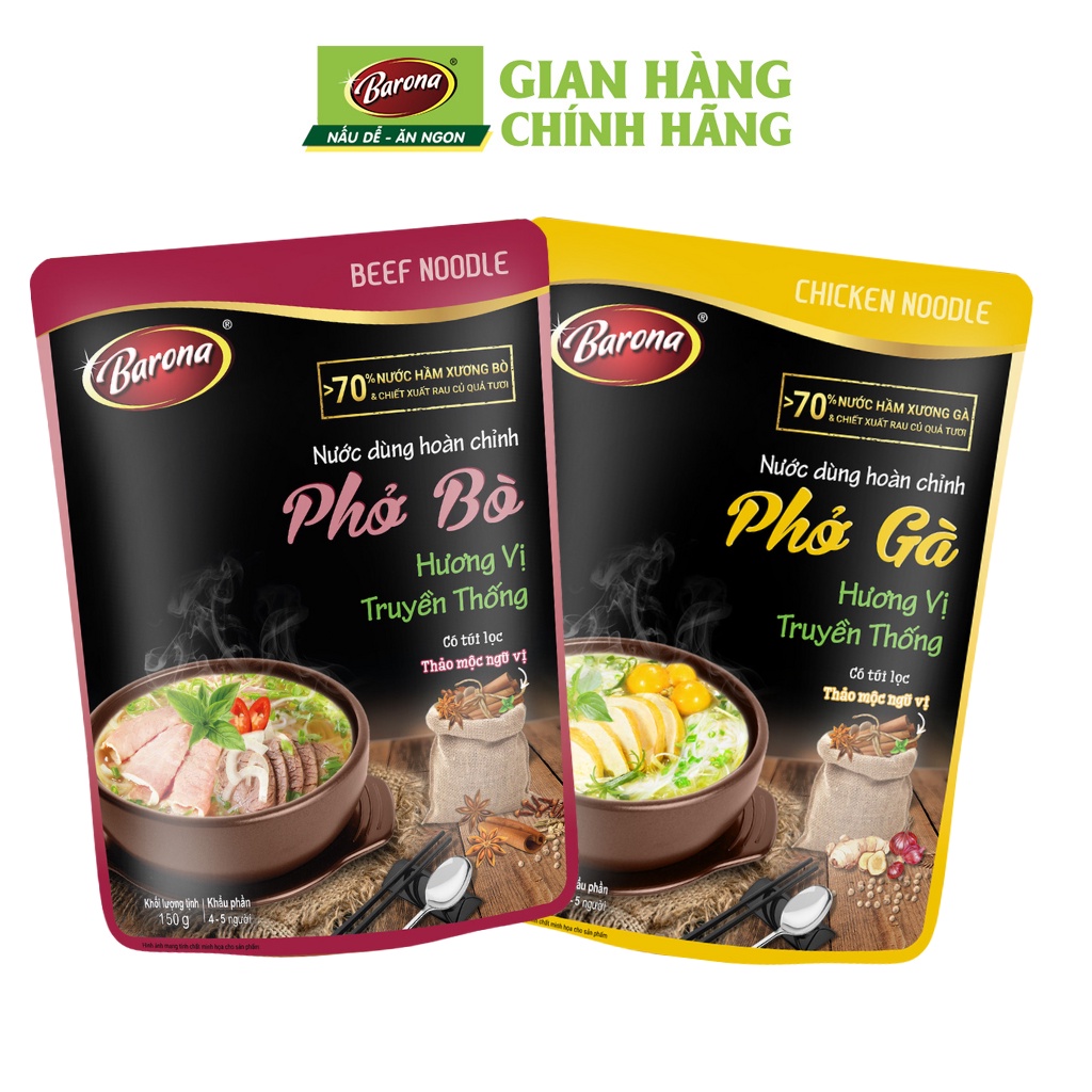 Combo 1 gói Nước dùng Phở Bò Barona 150g và 1 gói Nước dùng Phở Gà Barona 145g, tặng tiêu hạt