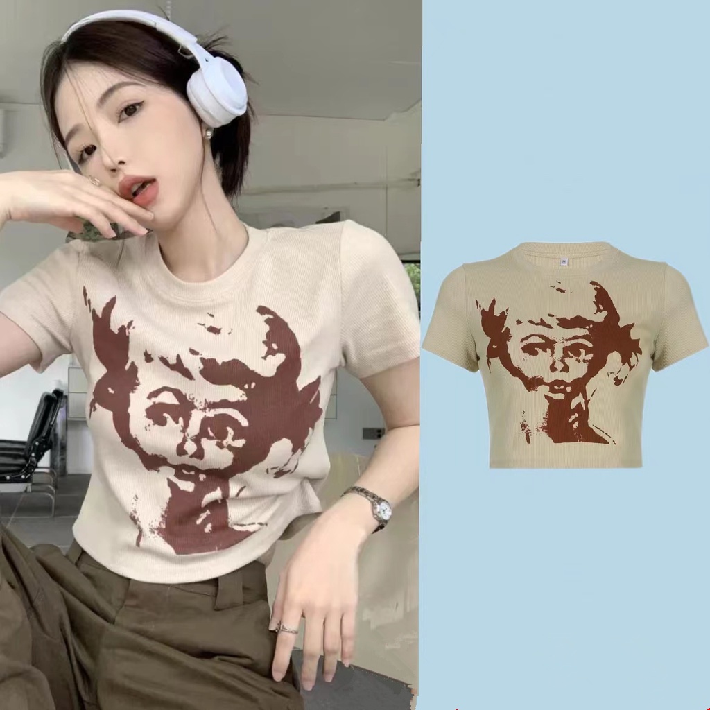 WANG JIAO ZHAN Áo thun croptop WANGJIAOZHAN tay ngắn in họa tiết cổ điển thời trang mới