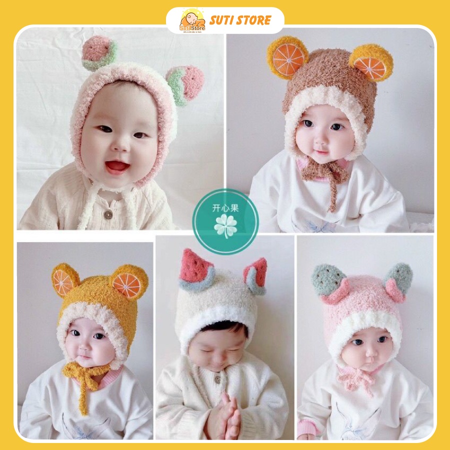 Mũ Len hoa quả cực xinh, mũ Len lông cừu buộc dây cho bé