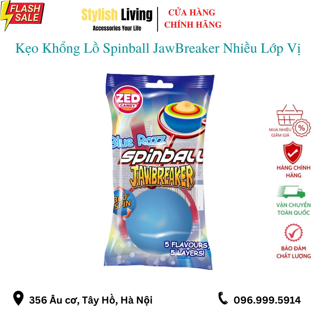 Kẹo con lăn khổng lồ Zed Candy Kẹo cứng 5 lớp vị mâm xôi xanh Bluerazz Spinball cho bé gói 60g