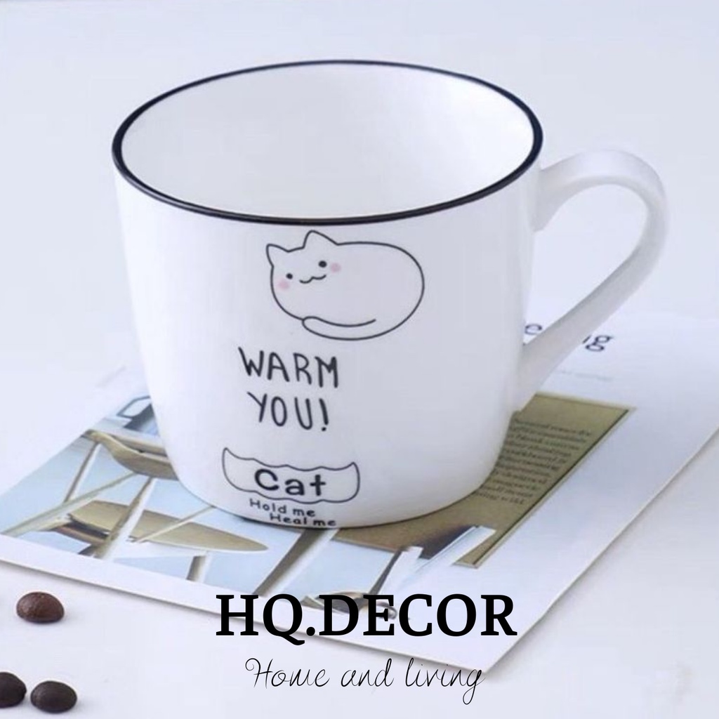 Cốc sứ uống nước có tay cầm, ly sứ decor họa tiết mèo đáng yêu - HQ73
