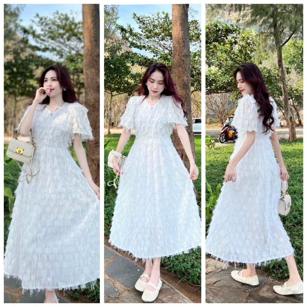 Đầm Váy Nữ from dài phối lông, váy tiểu thư sang chảnh tone trắng nổi bật tôn dáng😍