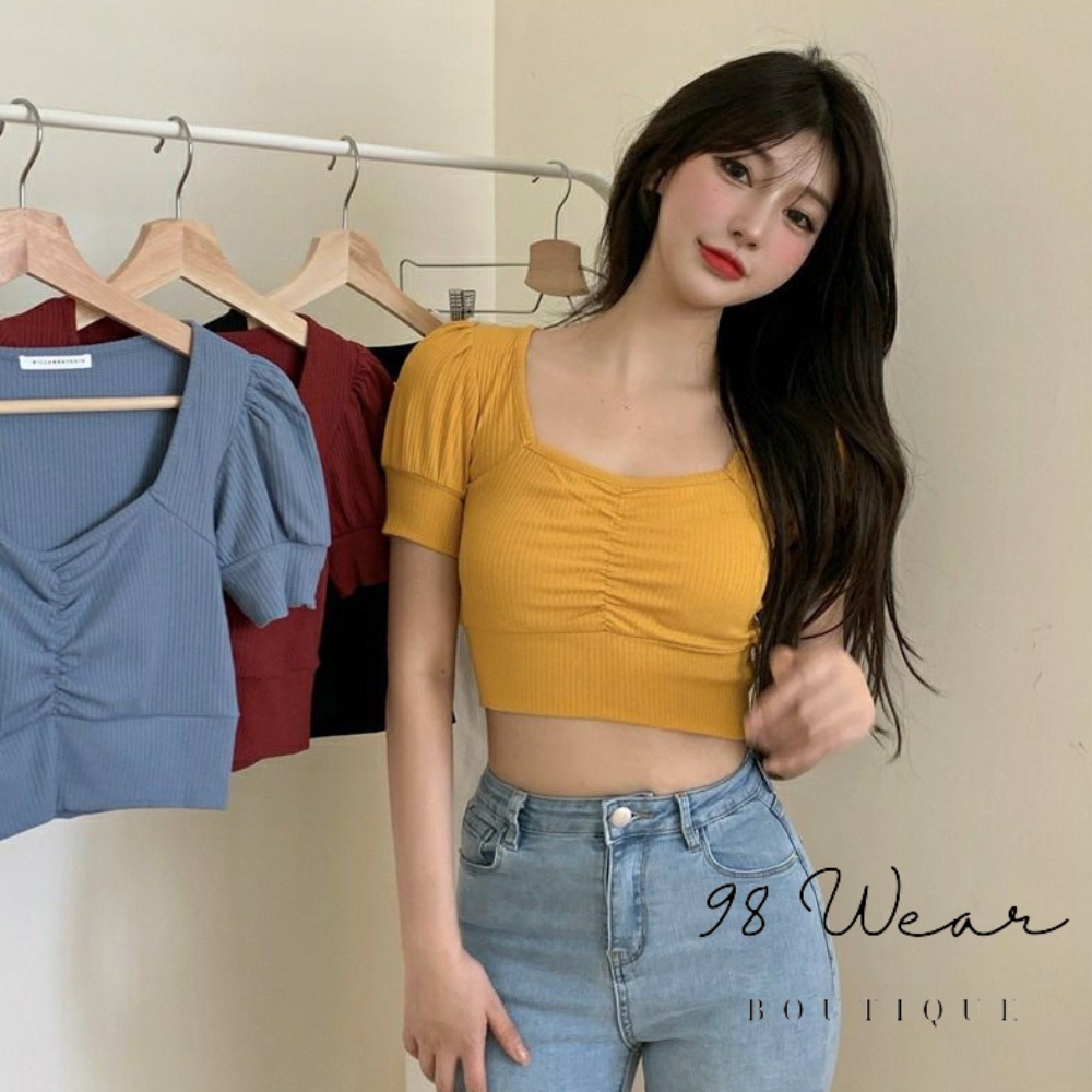 Áo croptop, áo ôm tay phồng cổ vuông nhún ngực chất thun gân cao cấp phong cách mùa hè năng động mặc đi biển đi chơi
