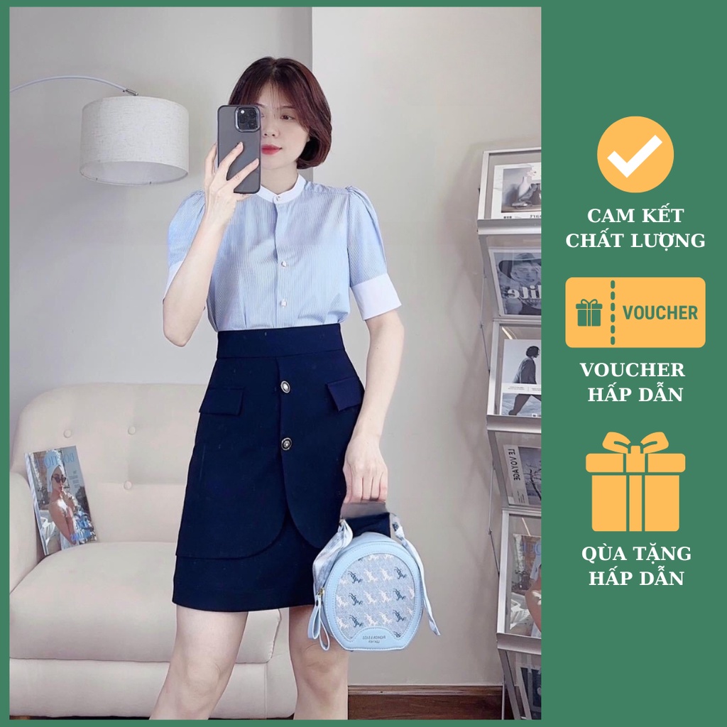 Chân váy công sở chữ A kèm vạt phối cúc và nắp túi giả dài 50cm siêu che bụng