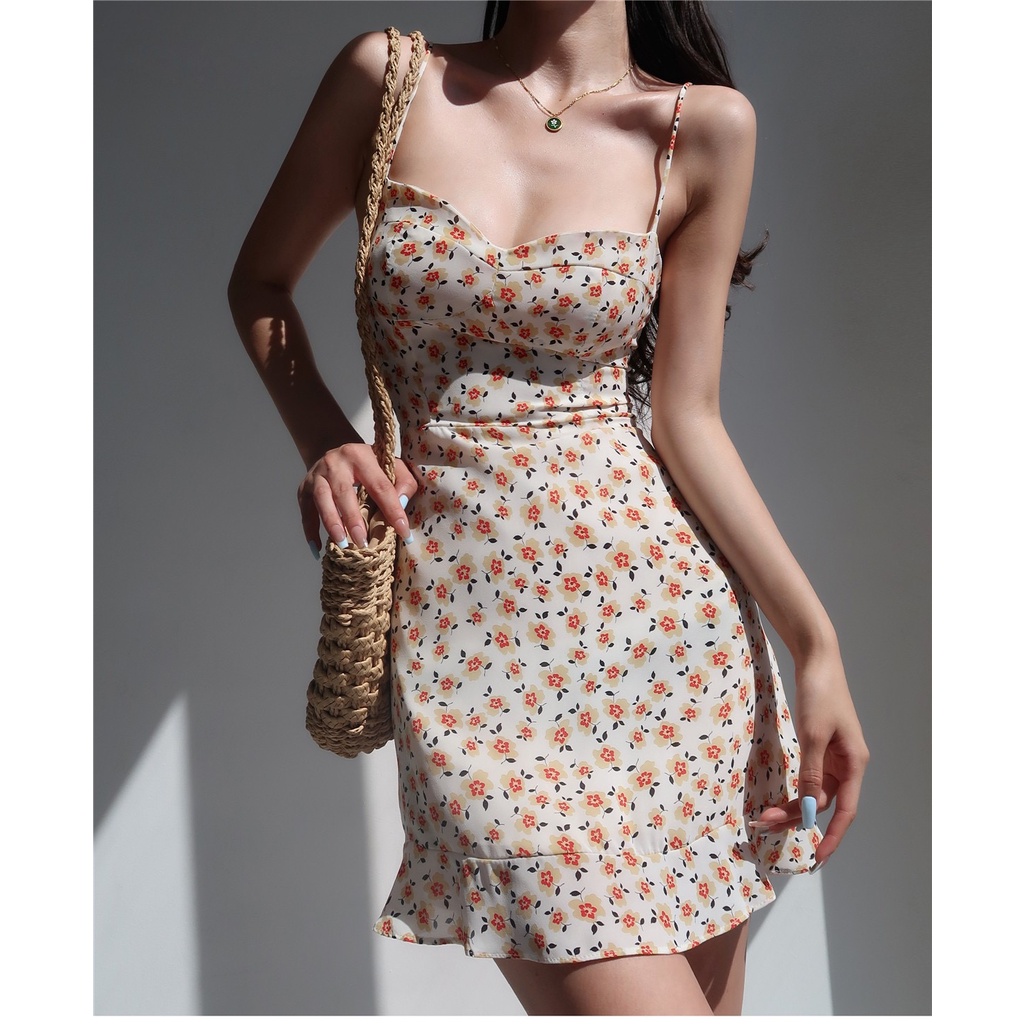 Đầm Hai Dây Cổ Chữ V Họa Tiết Hoa Quyến Rũ Cho Nữ