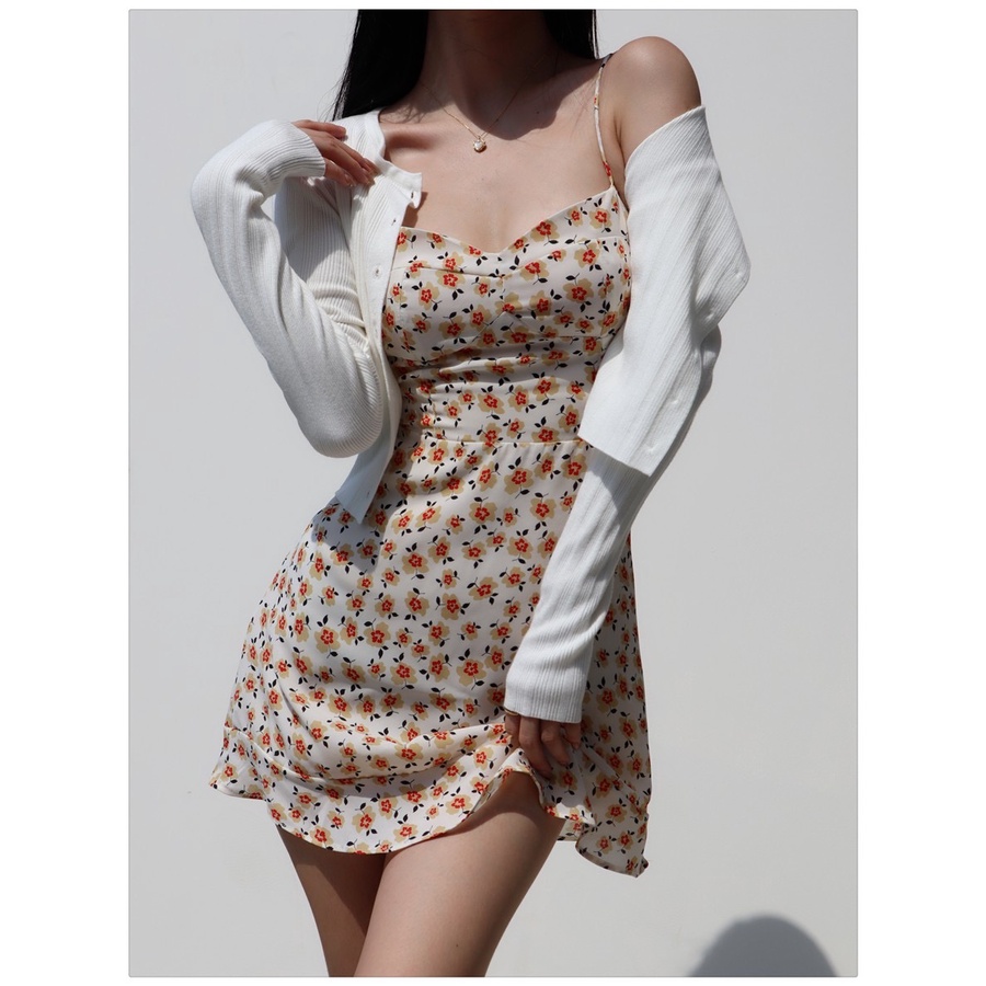 Đầm Hai Dây Cổ Chữ V Họa Tiết Hoa Quyến Rũ Cho Nữ