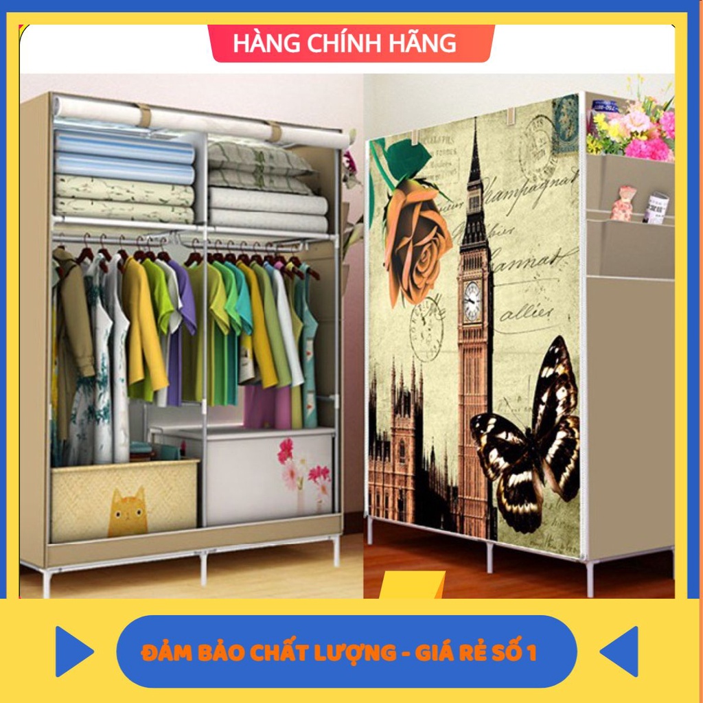 Tủ vải, tủ vài quần áo, Tủ Vải Đựng Quần Ao cao cấp 2 buồng 3D đẹp sang trọng, chắc chắn
