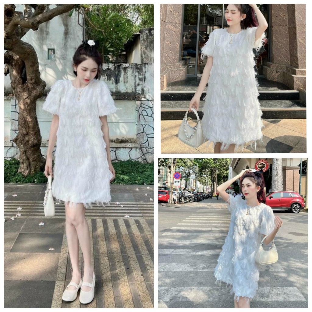 Đầm váy suông mix lông vũ tone trắng tinh khôi nhẹ nhàng dành cho các nàng đi chơi, đi tiệc, dạo phố sang chảnh