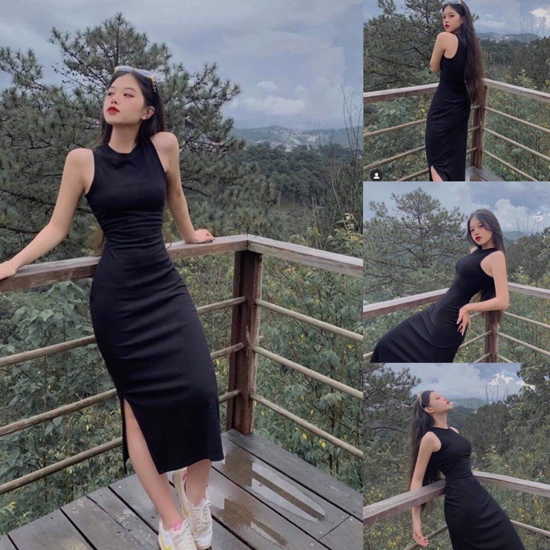 Váy ôm body sát nách chất thun co dãn tôn dáng màu đen- đầm maxi thun xẻ tà dáng dài phong cách hàn quốc ulzzang
