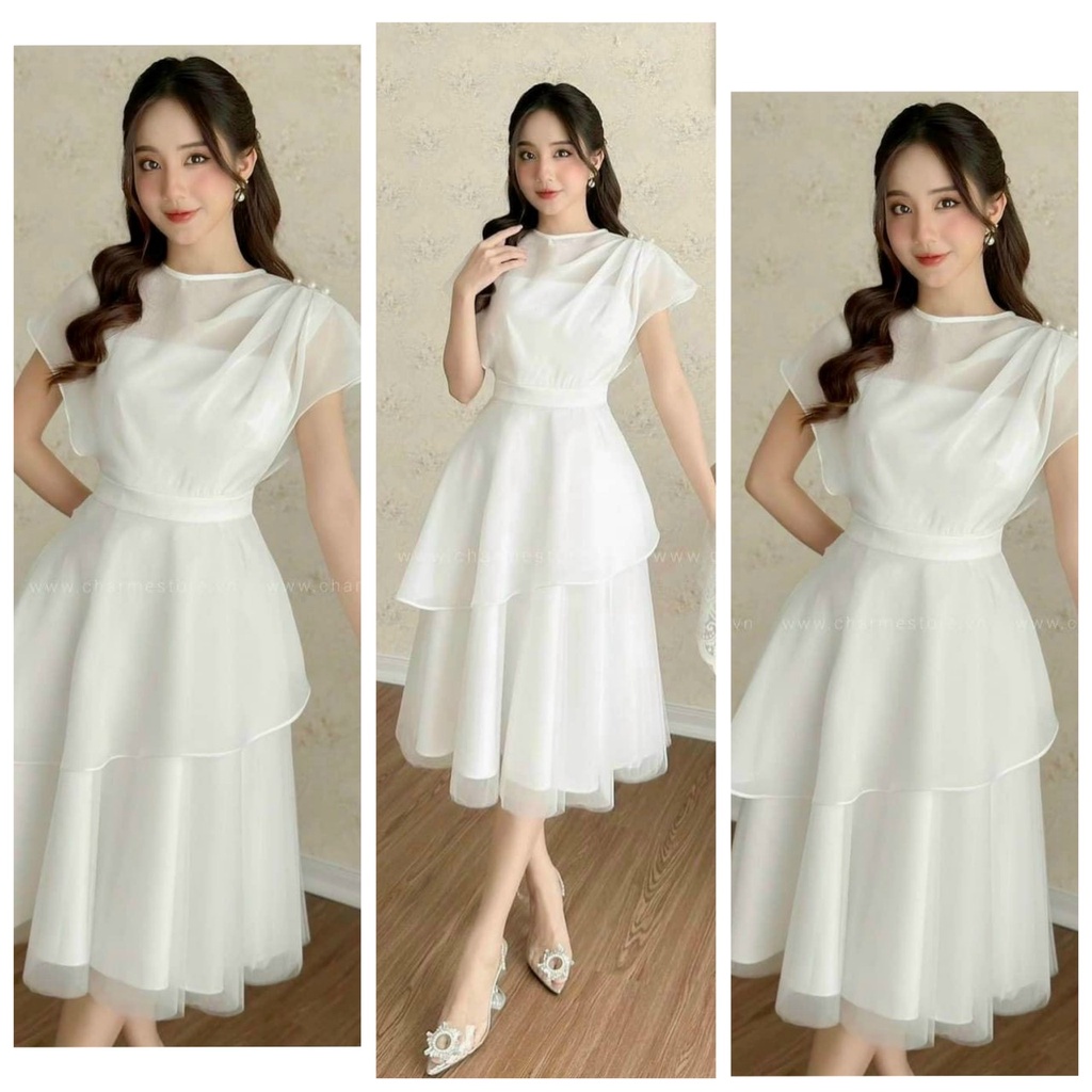 Đầm váy voan trắng nữ tiểu thư 2 tầy tay cánh dơi cho các nàng đi chơi, dự tiệc sang chảnh
