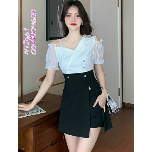 Hàng nhập - Set bộ nữ short thun phối voan trắng đen, sét đồ thời trang quần áo tay ngắn trễ vai 1 bên