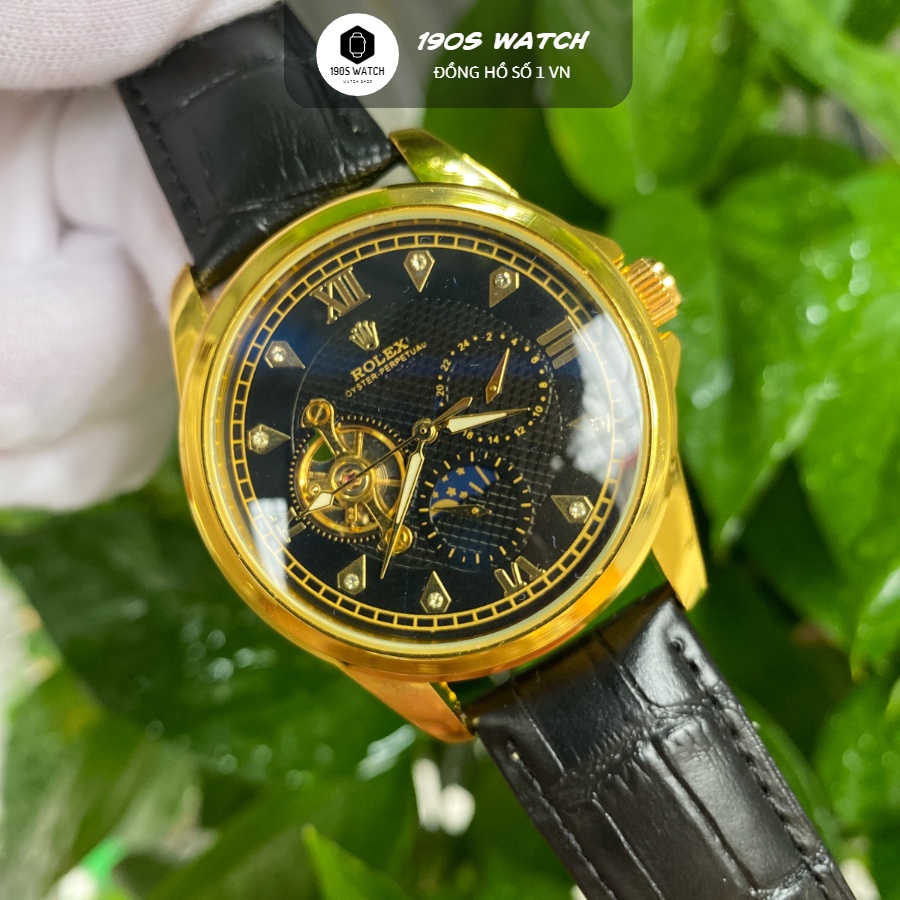 Đồng hồ Nam Rolex máy nhật, mẫu 3 kim cắt vát mặt đen viền vàng dây da, dòng cơ Automatic