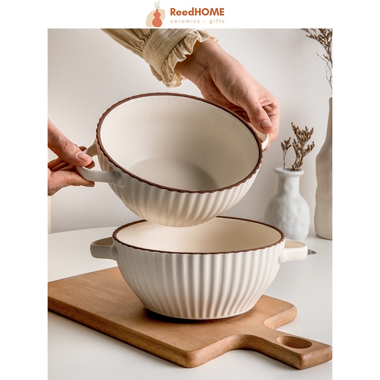 Bát sứ có quai, Thố sứ ReedHOME tráng men màu trắng dung tích 1L phong cách Hàn Quốc