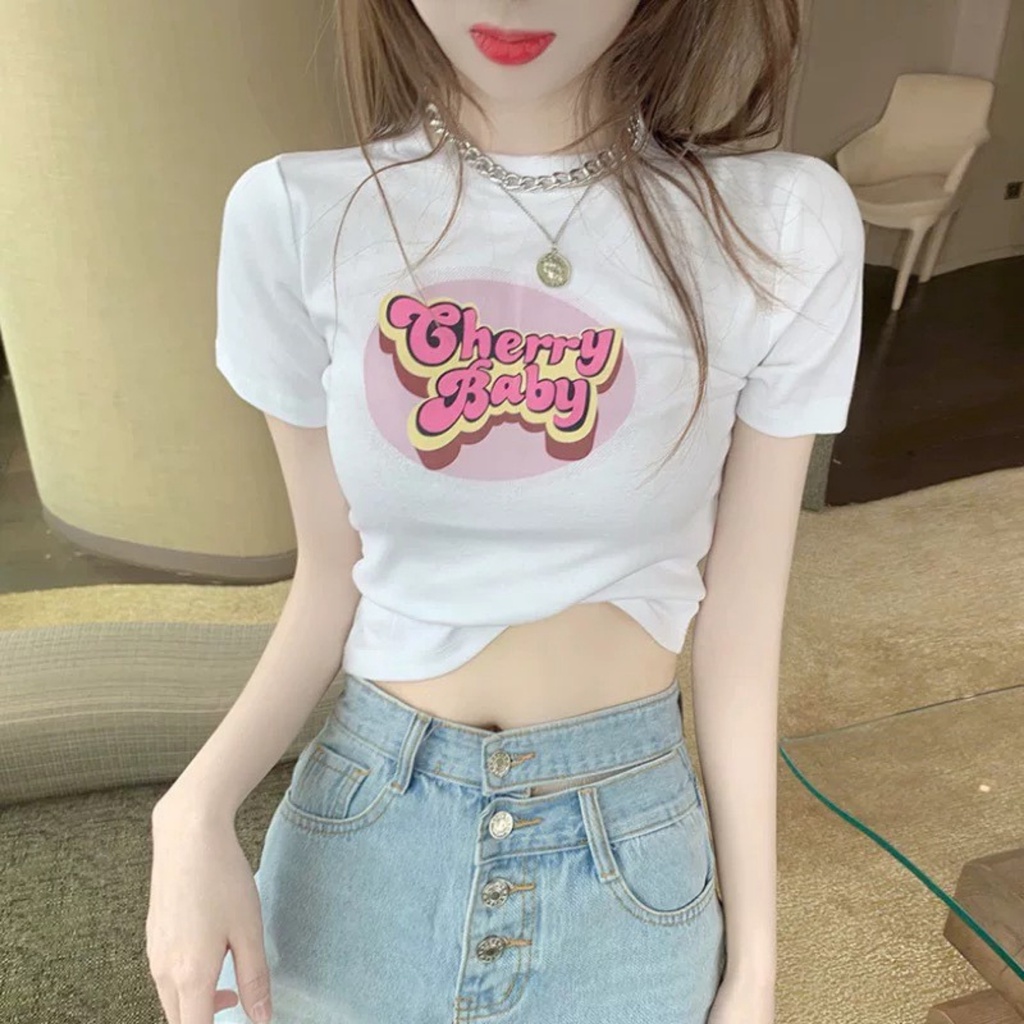 Áo Croptop Tay Ngắn Ôm Body Sexy Chất Vải Co Giản Mềm Mát RYSO FASHION Kiểu In Họa Tiết Chất Borip